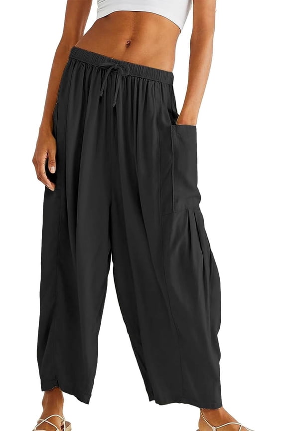 Womens Wid e Leg Pants Flowy Casual Drawstring Waist Wide Leg Loose Linen Palazzo Harem Pants with Pocket 2026 Black