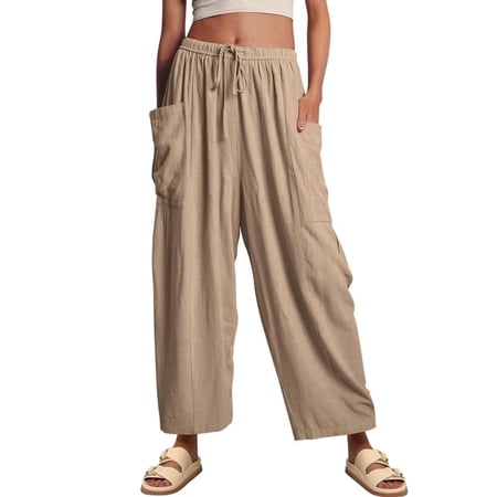 SOMER Womens Wid e Leg Pants Flowy Casual Drawstring Waist Wide Leg Loose Linen Palazzo Harem Pants with Pocket 2026 Khaki