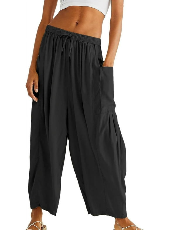 Womens Wid e Leg Pants Flowy Casual Drawstring Waist Wide Leg Loose Linen Palazzo Harem Pants with Pocket 2026 Black