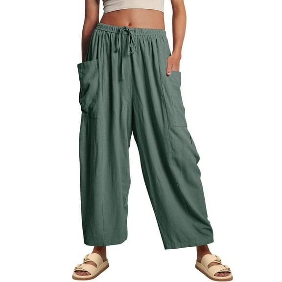 SOMER Womens Wid e Leg Pants Flowy Casual Drawstring Waist Wide Leg Loose Linen Palazzo Harem Pants with Pocket 2026 Green