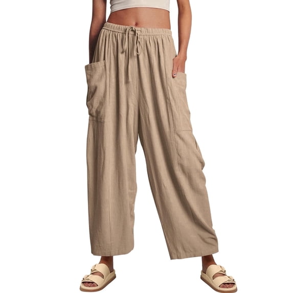 SOMER Womens Wid e Leg Pants Flowy Casual Drawstring Waist Wide Leg Loose Linen Palazzo Harem Pants with Pocket 2026 Khaki