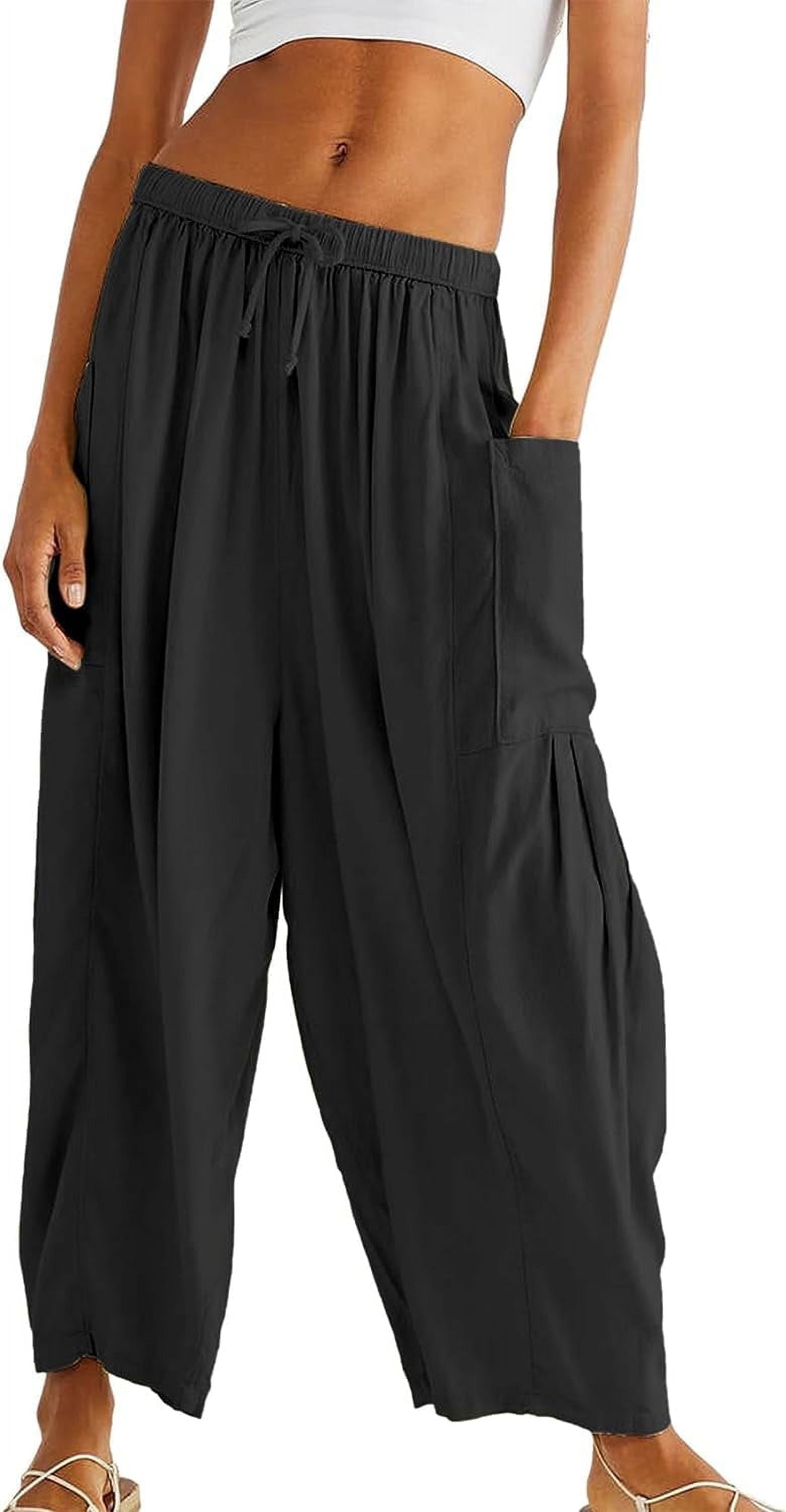 SOMER Women's Pleated Wide Leg Pants, Cotton Linen, Elastic