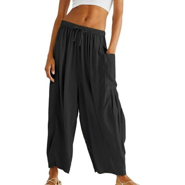 SOMER Womens Pleated Flowy Wide Leg Pants Cotton Linen Drawstring Elastic Waist Casual Loose Harem Palazzo Trousers with Pockets (Available in Plus Size)