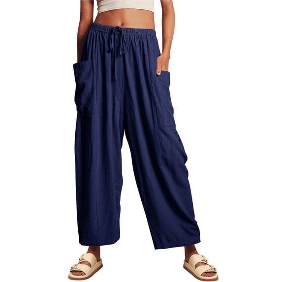SOMER Womens Wid e Leg Pants Flowy Casual Drawstring Waist Wide Leg Loose Linen Palazzo Harem Pants with Pocket 2026 Navy Blue