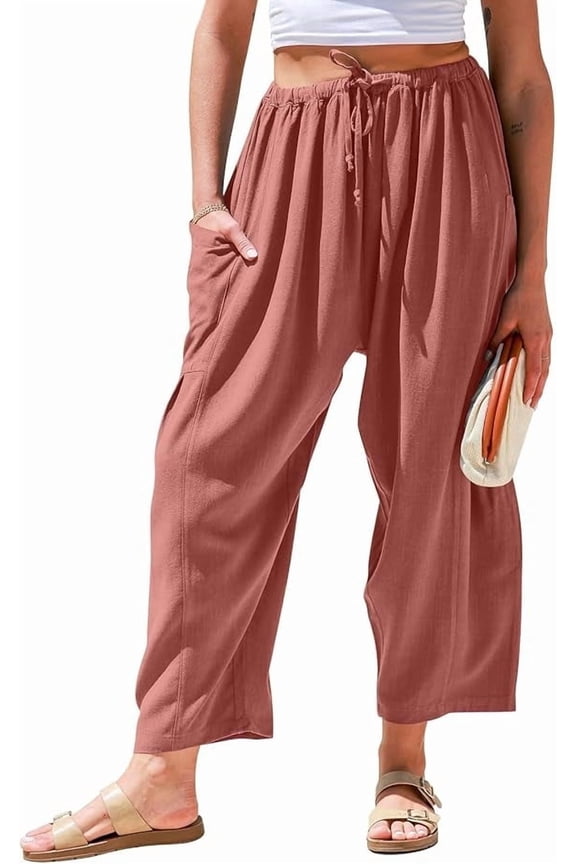 Womens Wid e Leg Pants Flowy Casual Drawstring Waist Wide Leg Loose Linen Palazzo Harem Pants with Pocket 2026 Red