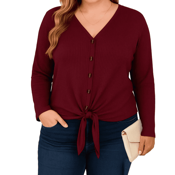 SOMER Woman Blouses Plus Size Long Sleeve V Neck Waffle Knit Tunic Blouse Tie Front Button Up T Shirts