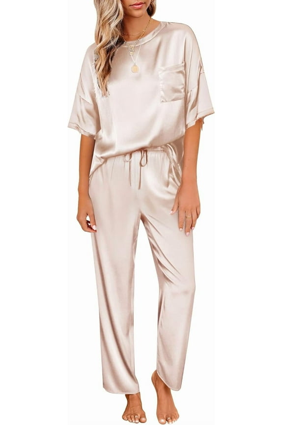 Women's Silk Satin Pajama Set 2 Piece Lounge Set Short Sleeve Top and Long Pajama Pant Sleepwear Soft PJs Loungewear 2025 Fall Beige