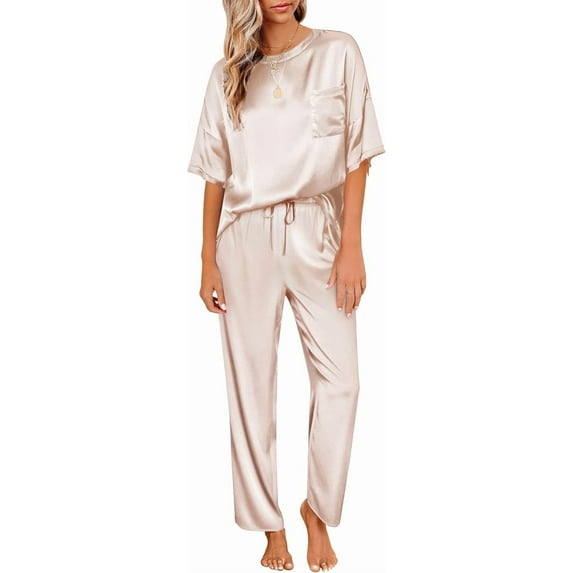 SOMER Women's Silk Satin Pajama Set 2 Piece Lounge Set Short Sleeve Top and Long Pajama Pant Sleepwear Soft PJs Loungewear 2025 Fall Beige