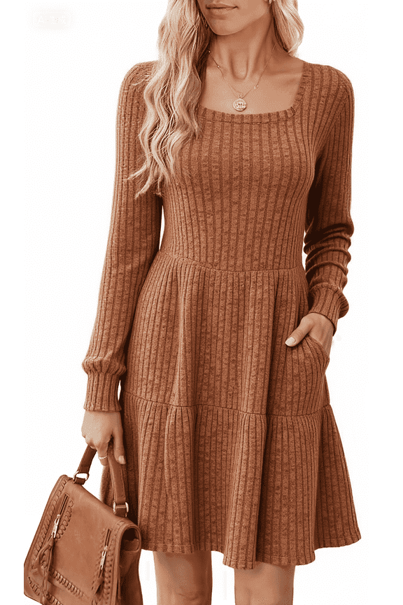 Womens Dresses Sweater Dress Long Sleeve Dress for Women Square Neck Knit Babydoll Dress with Pockets Winter Fall 2025