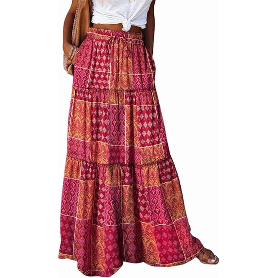 SOMER Womens Summer Skirt Floral Print Boho Maxi Skirt Elastic High Waist Pleated Ruffle Flowy Long Skirts 2XL