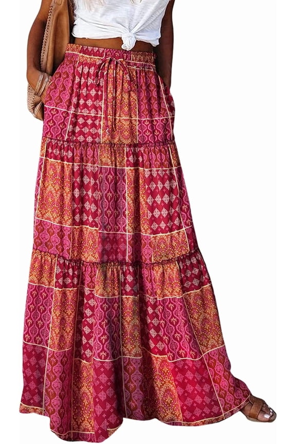Womens Summer Skirt Floral Print Boho Maxi Skirt Elastic High Waist Pleated Ruffle Flowy Long Skirts 2XL