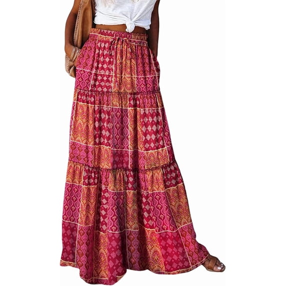 SOMER Womens Summer Skirt Floral Print Boho Maxi Skirt Elastic High Waist Pleated Ruffle Flowy Long Skirts 2XL
