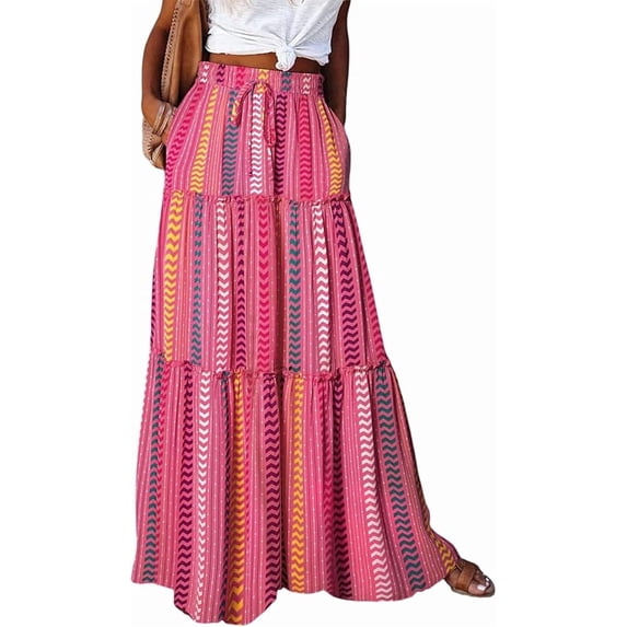 SOMER Womens Summer Skirt Floral Print Boho Maxi Skirt Elastic High Waist Pleated Ruffle Flowy Long Skirts L