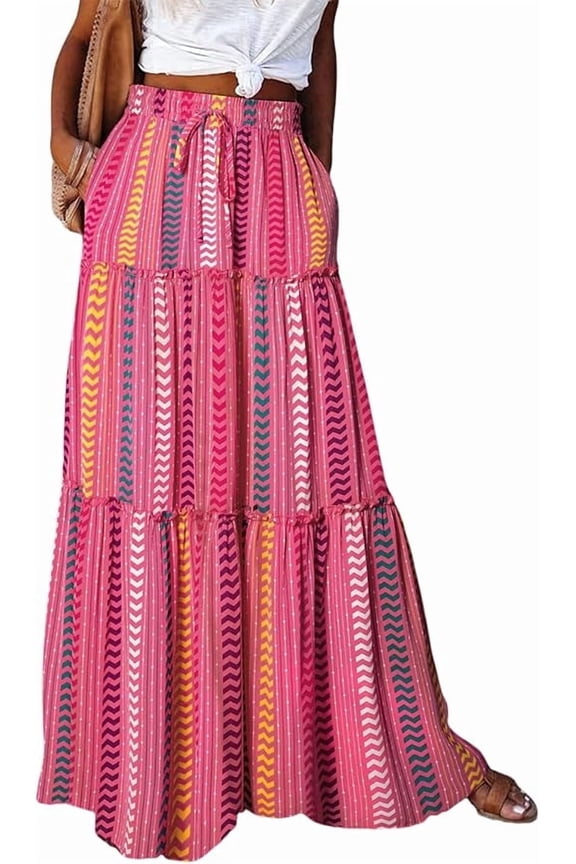 Womens Summer Skirt Floral Print Boho Maxi Skirt Elastic High Waist Pleated Ruffle Flowy Long Skirts L