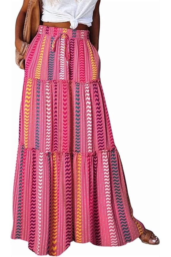 Womens Summer Skirt Floral Print Boho Maxi Skirt Elastic High Waist Pleated Ruffle Flowy Long Skirts M