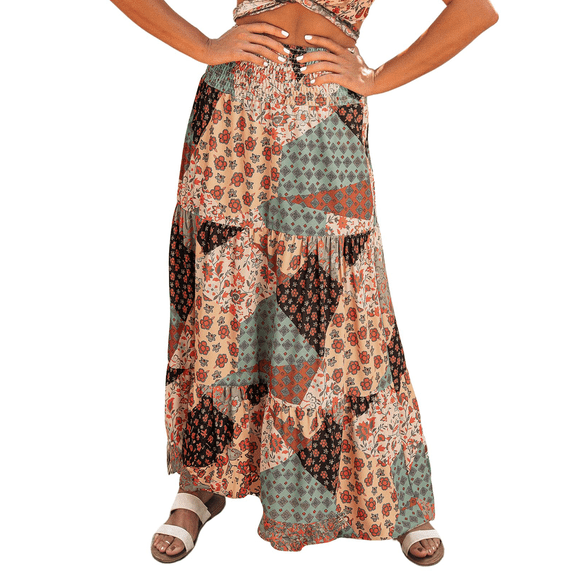 SOMER Womens Summer Skirt Floral Print Boho Maxi Skirt Elastic High Waist Pleated Ruffle Flowy Long Skirts XL