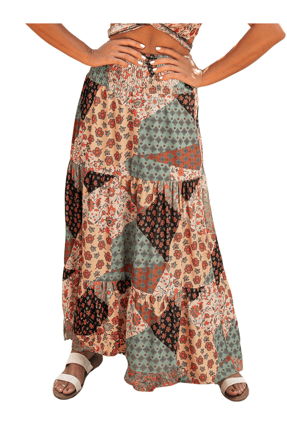 Womens Summer Skirt Floral Print Boho Maxi Skirt Elastic High Waist Pleated Ruffle Flowy Long Skirts XL