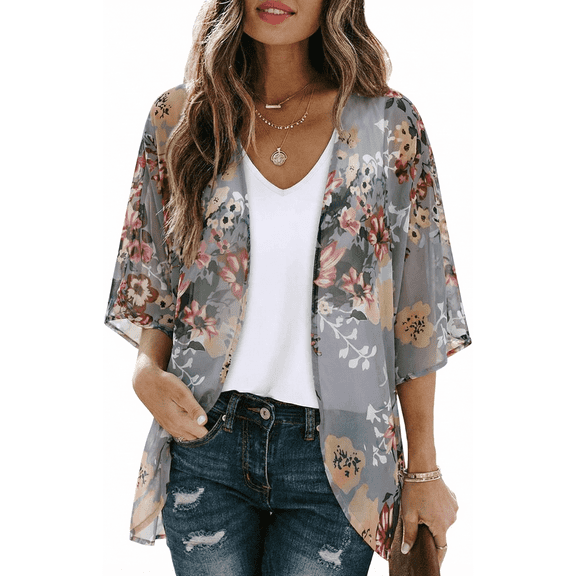 SOMER Women’s Swimsuit Cover Up 3/4 Sleeve Floral Kimono Lightweight Bikini Bathing Suit Cover Up Loose Fit Beachwear for Summer