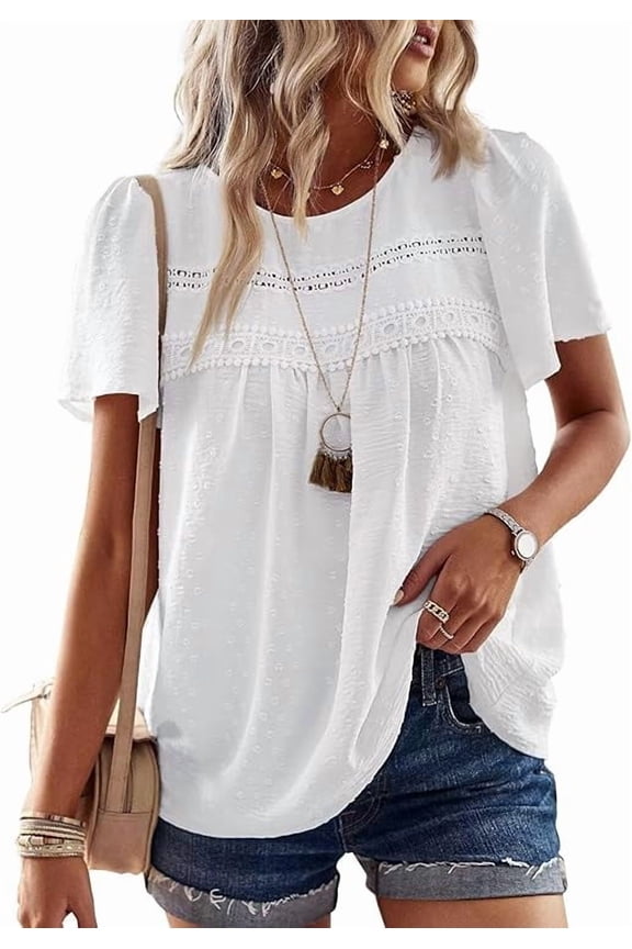 Boho Tops for Women Crewneck Short Sleeve Shirts Casual Chiffon Blouses Flowy Lace Trim Clothing Trendy 2026