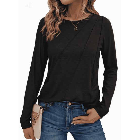 SOMER Womens Long Sleeve Crew Neck Top, Casual Solid Color Shirt with Stylish Diagonal Detail