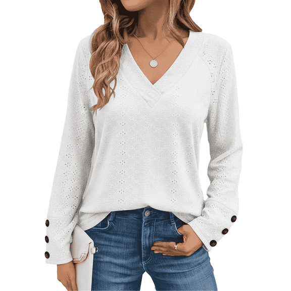 SOMER Women Tops Going Out Long Sleeve Shirts for Women Dressy Casual V Neck Blouses Hollow Out Lace Embroidered Tops,2025 Fall