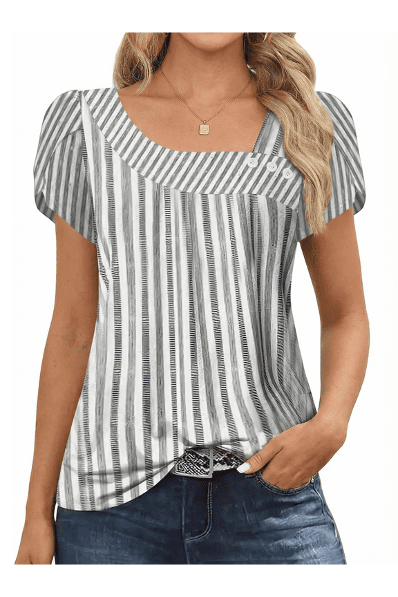 Womens Tops Petal Sleeve Square Neck T Shirt Casual Loose Button Blouse Tees Spring and Summer Trendy 2026