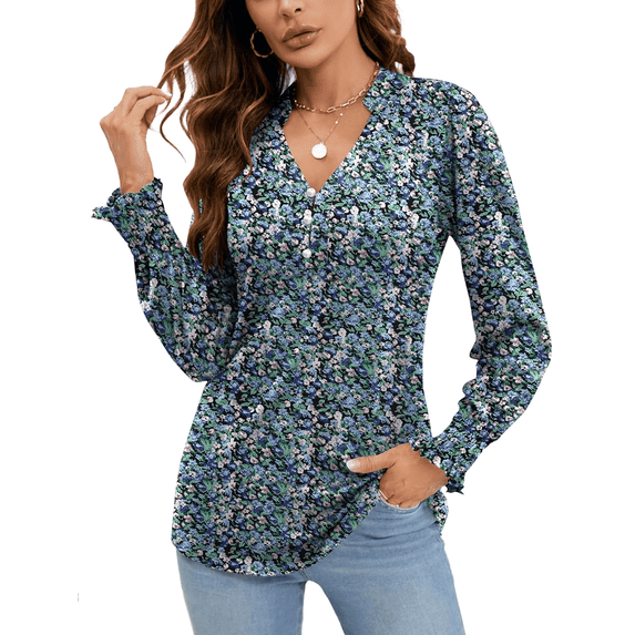 SOMER Women's V Neck Long Sleeve Shirt Blouse Dressy Tops Tunic Shirts with Ruffle Cuffs Puff Sleeve Fall Business Casual Fashion Clothes 2025