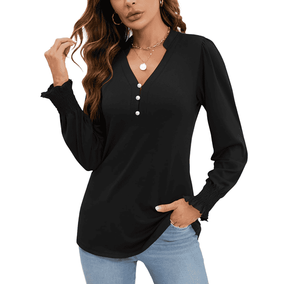 SOMER Women's V Neck Long Sleeve Shirt Blouse Dressy Tops Tunic Shirts with Ruffle Cuffs Puff Sleeve Fall Business Casual Fashion Clothes 2025