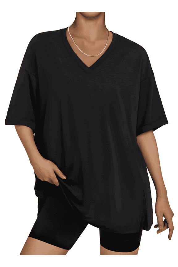 Womens Shirts Oversized Tshirts for Women Short Sleeve V Neck Slit Hem Summer Tops Black Workout T Shirts Loose Fit Basic Tee