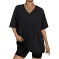 thumbnail image 1 of SOMER Womens Shirts Oversized Tshirts for Women Short Sleeve V Neck Slit Hem Summer Tops Black Workout T Shirts Loose Fit Basic Tee, 1 of 7