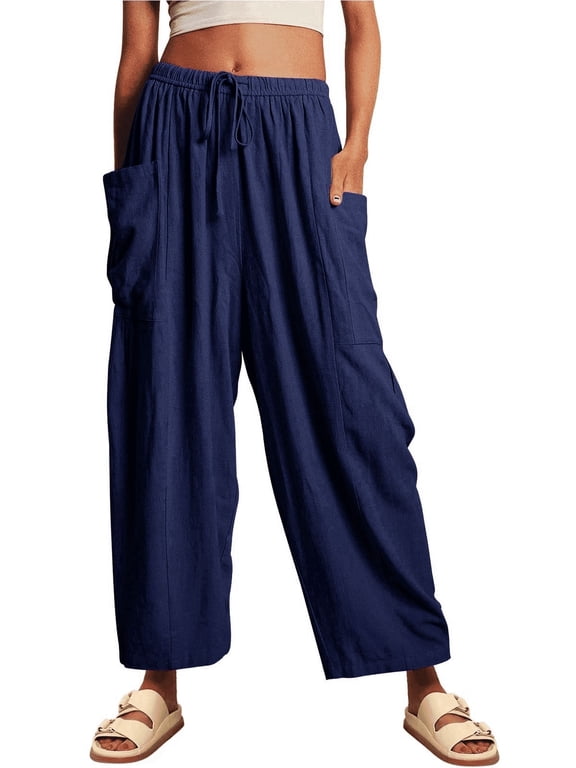 Womens Wid e Leg Pants Flowy Casual Drawstring Waist Wide Leg Loose Linen Palazzo Harem Pants with Pocket 2026 Navy Blue