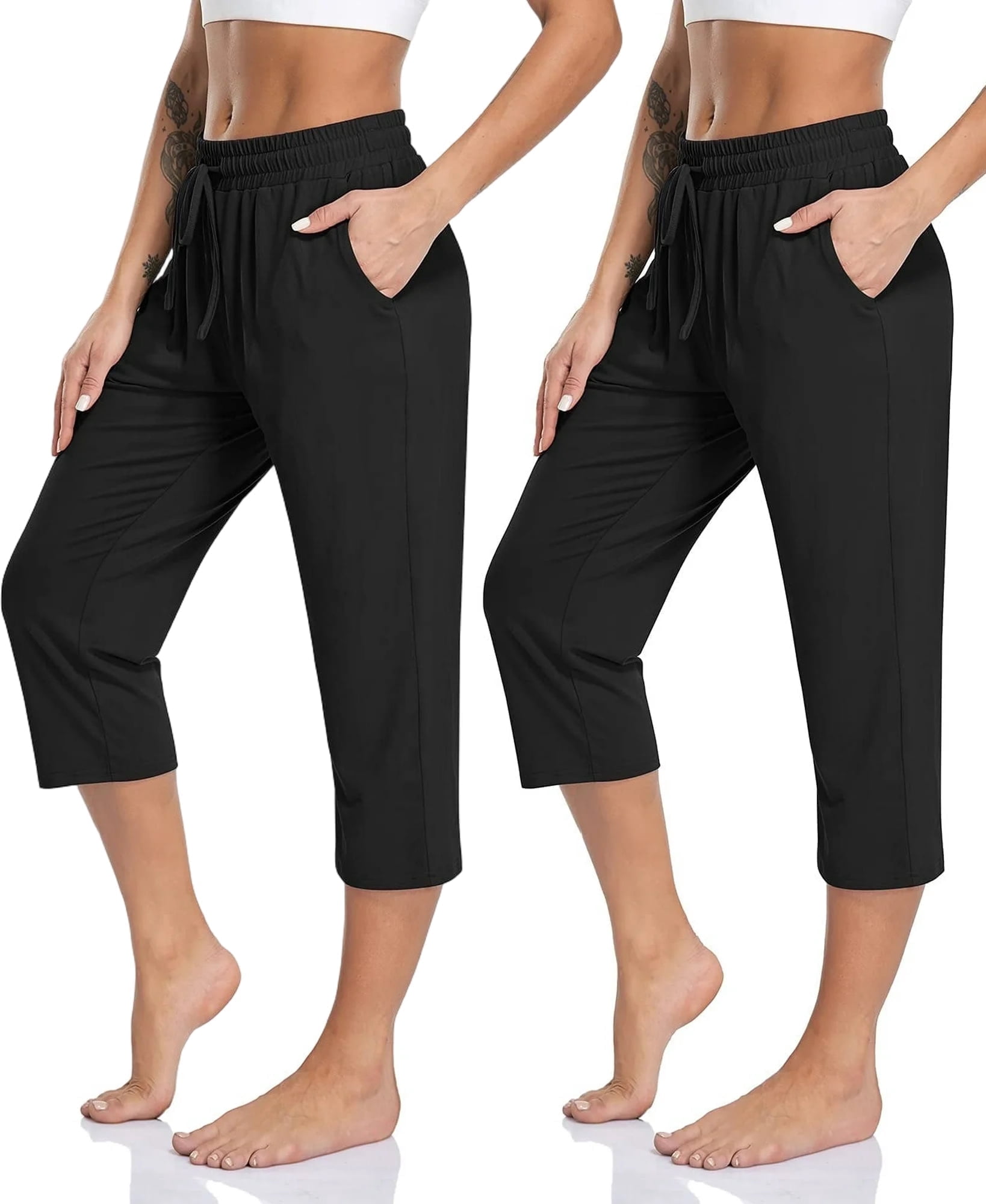 SOMER 2-Pack Yoga Pants with Pockets for Women Capri Flared Pants High Waist Drawstring Workout Pants Casual Work Pants Flare Leggings for Summer