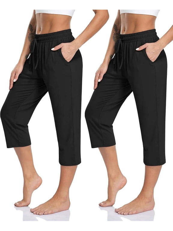 2-Pack Yoga Pants with Pockets for Women Capri Flared Pants High Waist Drawstring Workout Pants Casual Work Pants Flare Leggings for Summer