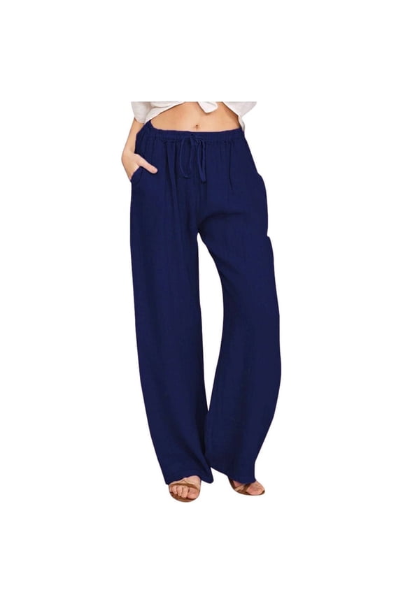 Pants for Women Flowy Casual Drawstring Waist Wide Leg Loose Linen Palazzo Pants with Pocket Navy Blue