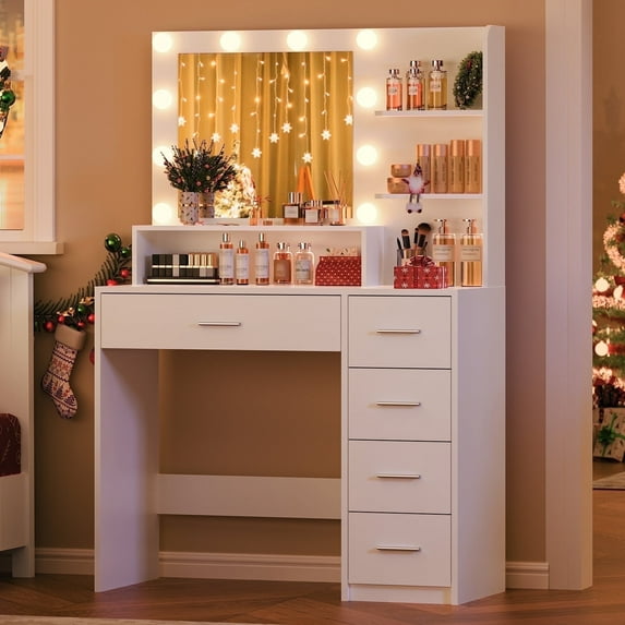 SOMLINE Makeup Vanity Desk, Mirror with Lights, 5 Drawers, Shelves, 3 Color Modes, White - Walmart.com