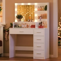 SOMLINE Makeup Vanity Desk with Mirror & Lights, Vanity Desk with 5 Drawers & Storage Shelves for Christmas gifts, for Bedroom, White