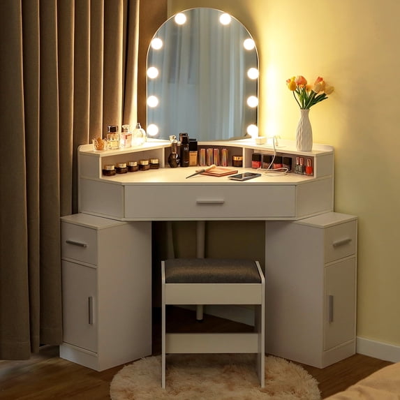 SOMLINE Makeup Vanity Table Set with Large Lighted Mirror & Charging Station, 1 Large Drawer & 2-Drawer Chest & 2 Cabinet,Dressing table with Stool for Christmas gifts, White