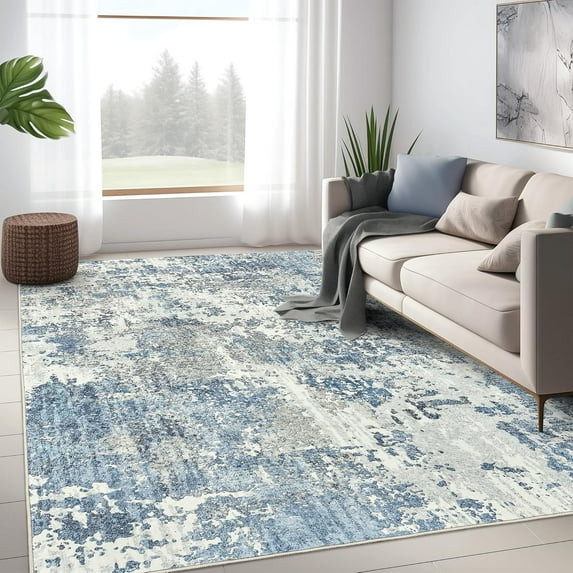 SOMOR Washable Rug, Anti-Slip Backing Abstract 9x12 Rug, Stain Resistant Rugs for Living Room, Foldable Machine Washable Area Rug (TPR53-Blue, 9'x12')