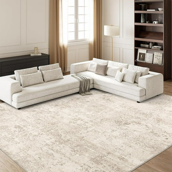SOMOR Washable Rug, Ultra Thin Anti-Slip Backing Abstract 9x12 Rug, Low Pile Stain Resistant Rugs for Living Room, Foldable Machine Washable Area Rug (TPR53-Beige, 9'x12')