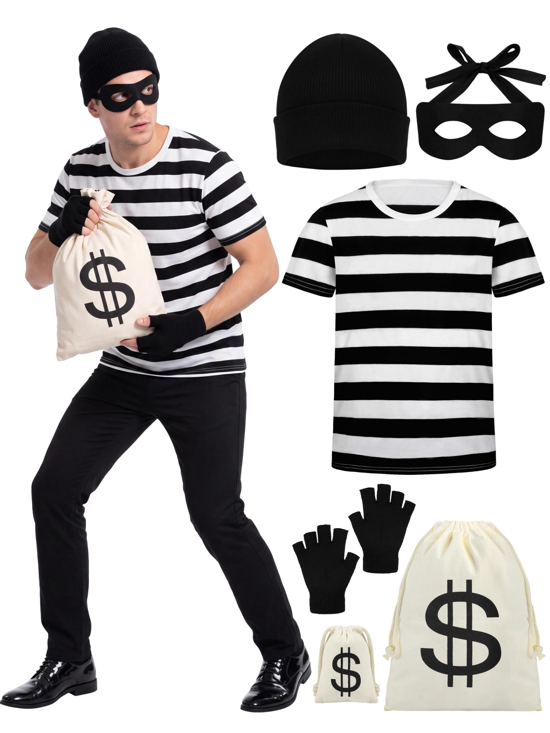 SOMSOC Adult Halloween Robber Costume Set T-shirt Beanie Cap Money Bag ...