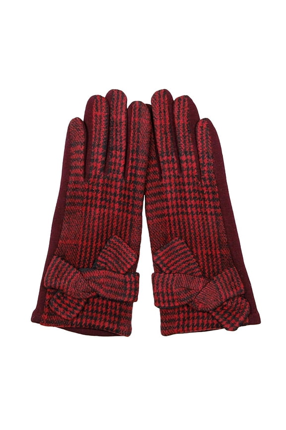 Fall Winter Plaid Smart Gloves with Knot Design Burgundy