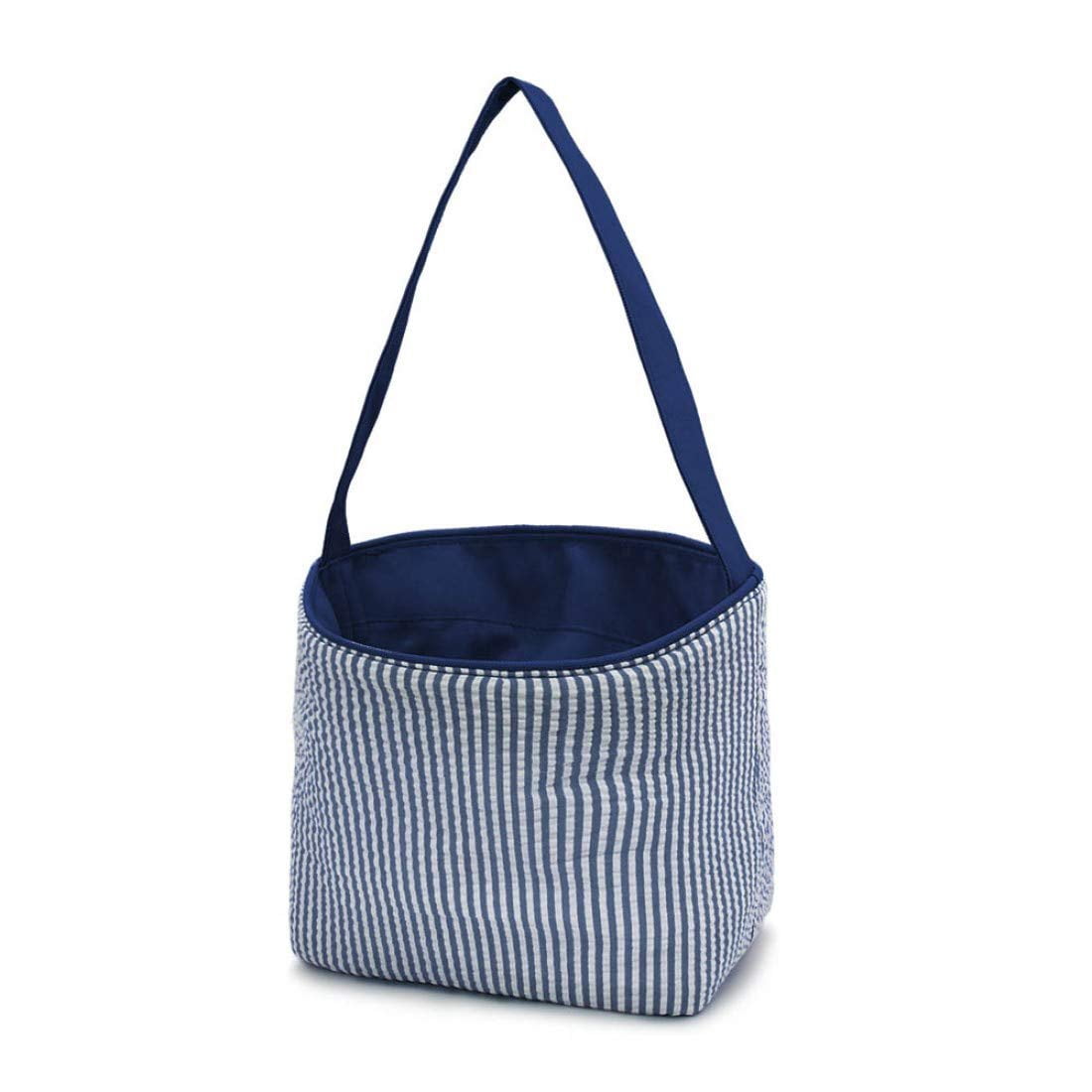 SONA G DESIGNS Seersucker Stripe Fabric Easter Basket Bucket Tote Bag - Egg Collecting Navy