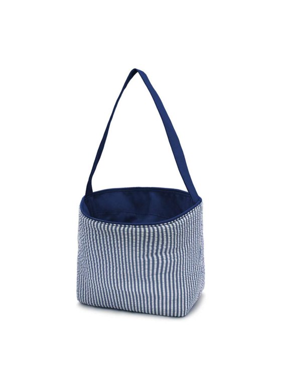 Seersucker Stripe Fabric Easter Basket Bucket Tote Bag - Egg Collecting Navy