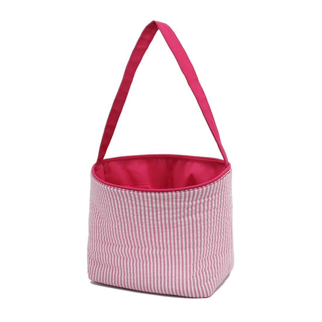 SONA G DESIGNS Seersucker Stripe Fabric Easter Basket Bucket Tote Bag - Egg Collecting Pink