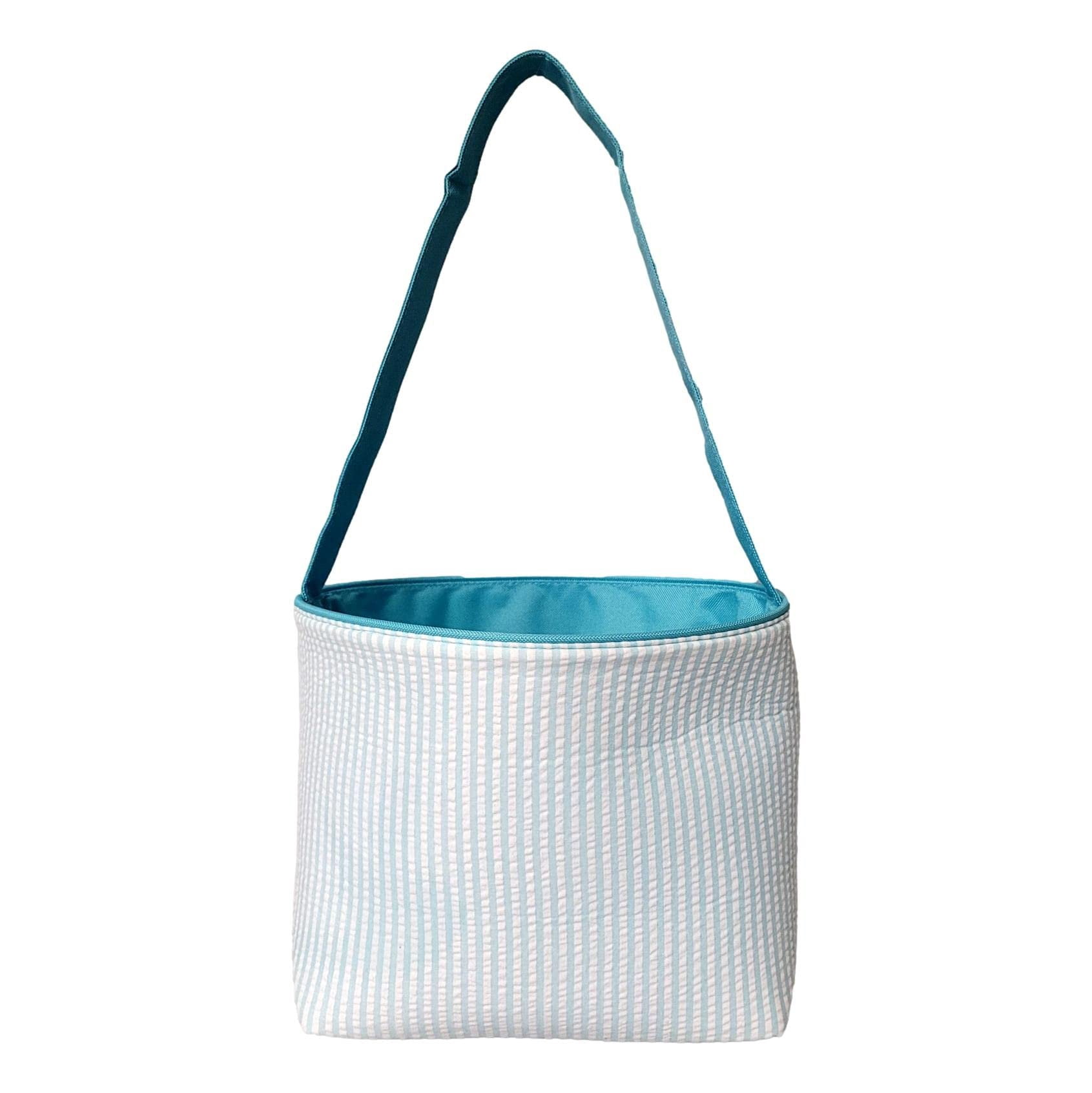 SONA G DESIGNS Seersucker Stripe Fabric Easter Basket Bucket Tote Bag - Toys Egg Collecting Aqua