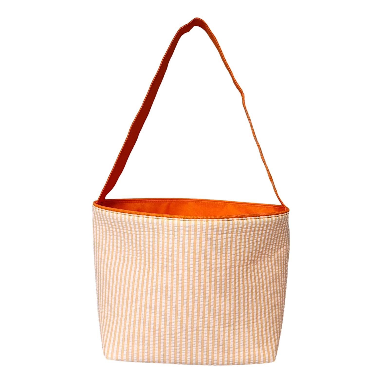 SONA G DESIGNS Seersucker Stripe Fabric Easter Basket Bucket Tote Bag - Toys Egg Collecting Orange
