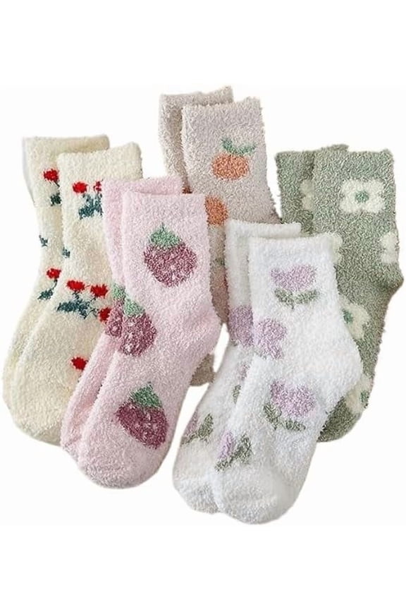 5 Pair Cute Floral Fuzzy Socks, Women Fluffy Slippers, Cottagecore Winter Thick Cozy Vintage Long Socks