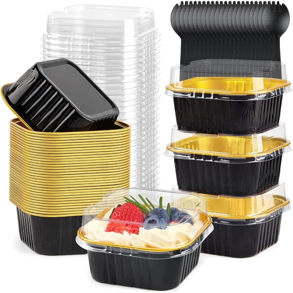 SONGAU 50Pcs Mini Cake Baking Cups with Lids and Spoons, 150ml Square Aluminum Foil Baking Pans Small Loaf Boxes Tart Pie Cake Containers for Bread Dessert Wedding Birthday Picnic Party (Black Gold)