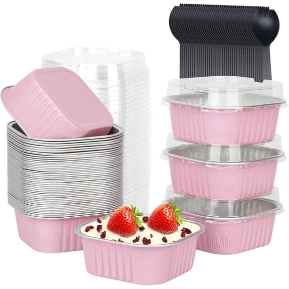 SONGAU 50Pcs Mini Cake Baking Cups with Lids and Spoons, 150ml Square Aluminum Foil Baking Pans Small Loaf Boxes Tart Pie Cake Containers for Bread Dessert Wedding Birthday Picnic Party (Black Gold)