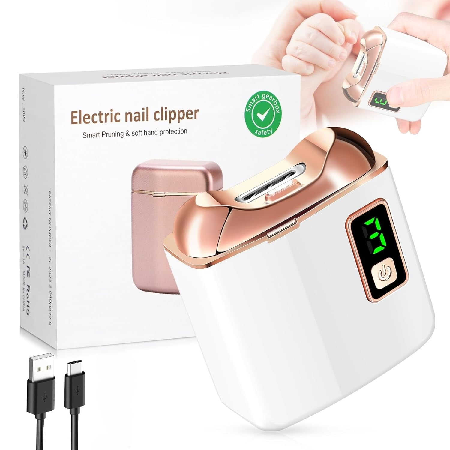 SONGAU Electric Nail Clipper with LED Light, USB Rechargeable Nail Trimmer, 3-Speed Fingernail Manicure for Baby, Kids, Seniors, and Adults - Perfect for Elderly Nail Care, White